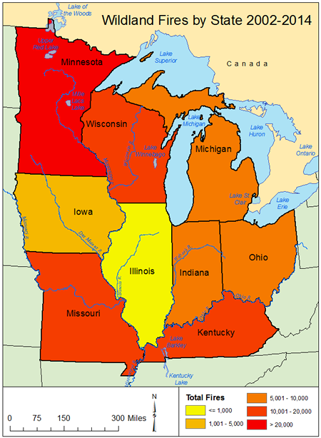 Total number of fires by state in the Midwest