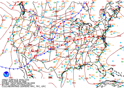 Surface weather map for 1200 CDT on February 4, 2008