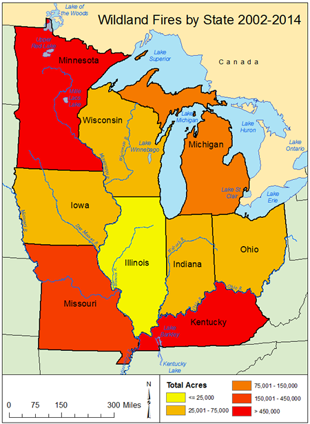 Total number of acres burned by state in the Midwest