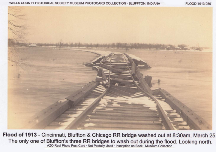 Railroad bridge washed out due to flooding in Bluffton, Indiana