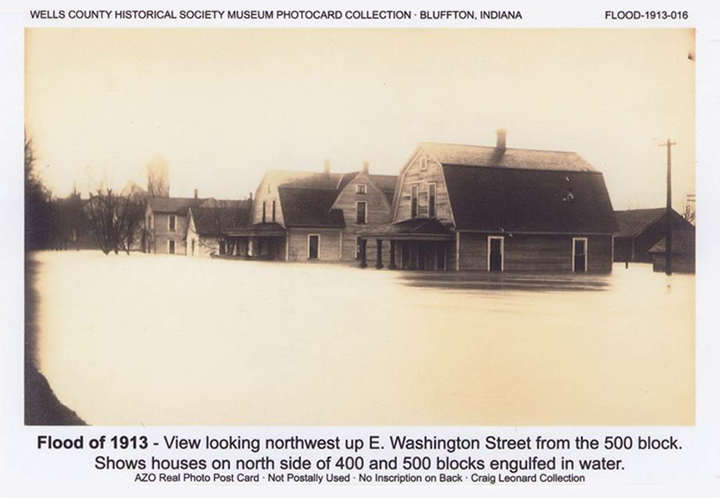 View of flooding on Washington Street in Bluffington, Indiana