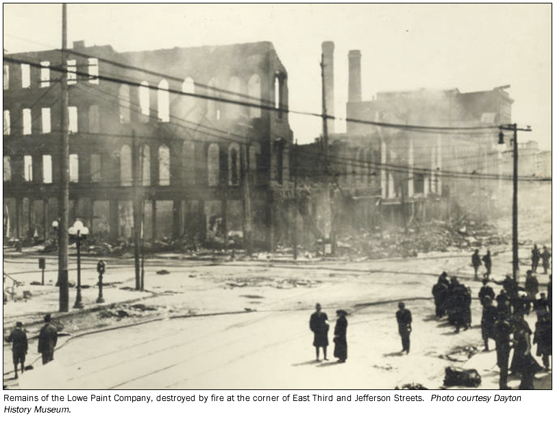 Lowe Paint Company destroyed by fire in the aftermath of March 1913 flooding, Dayton OH