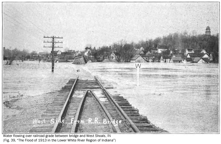 Water over railroad tracks, West Shoals, IN