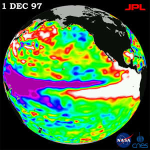 Satellite image of sea surface temps during 1997-1998 El Niño