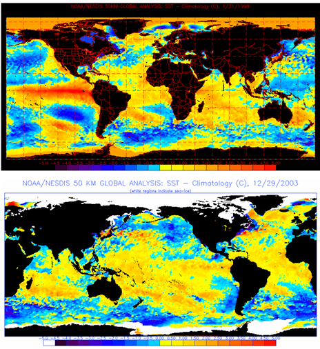 Sea surface temperature anamolies during three recent El Niño events