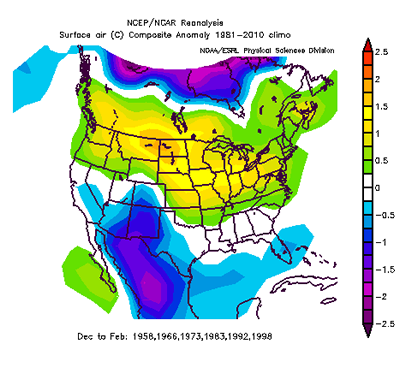 Composite image of temperature during six strong El Niño winters